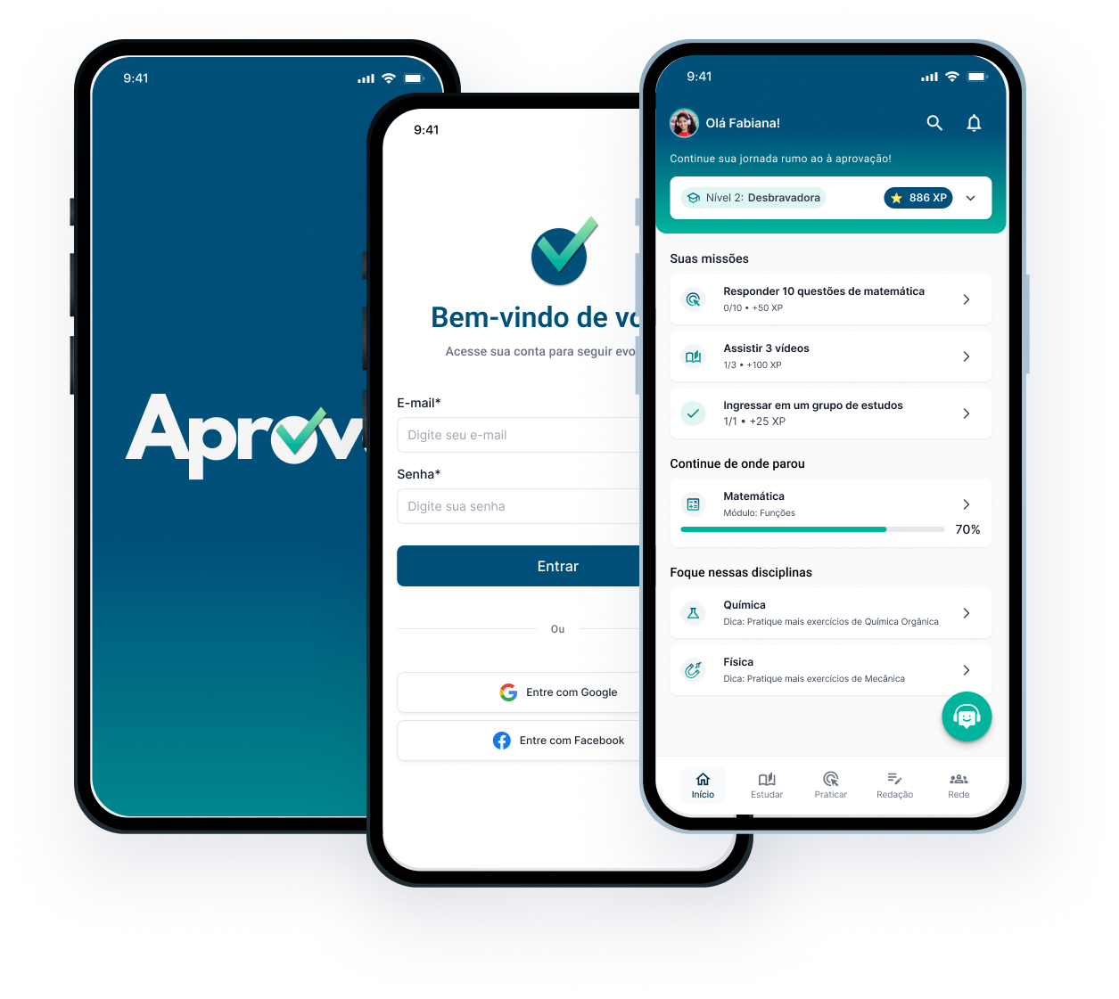 Aprova splash, login, and home screens on three phones