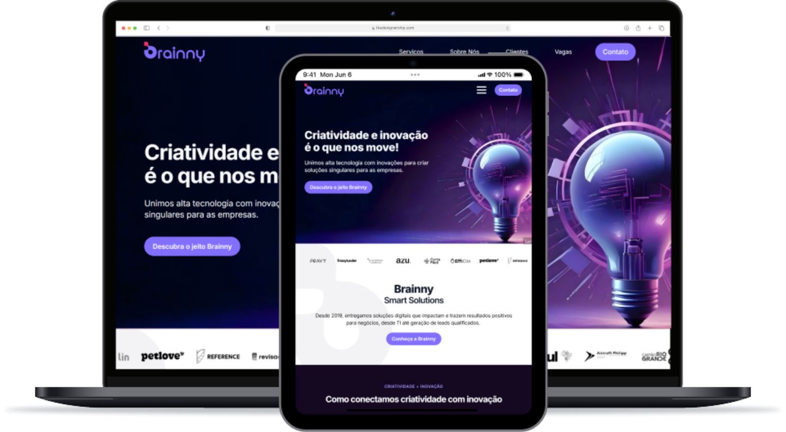 The redesigned Brainny homepage shown on a laptop and tablet